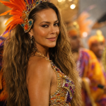Paolla Oliveira em ambiente ligado ao Carnaval durante anúncio de seu retorno como rainha de bateria da Imperatriz Leopoldinense