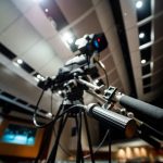 Câmera de vídeo profissional montada em um tripé, com cabos, em um estúdio de produção audiovisual