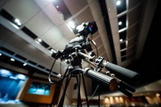 Câmera de vídeo profissional montada em um tripé, com cabos, em um estúdio de produção audiovisual
